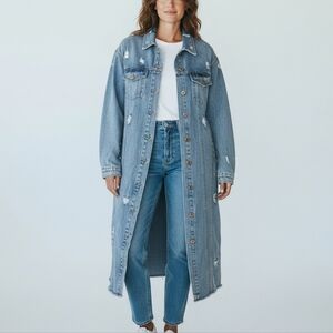 Tribal Jeans Long Distressed Denim Duster Jacket Womens Size Small